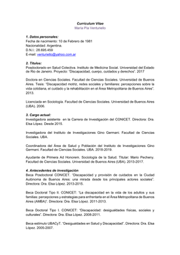 Currículum Vitae María Pía Venturiello 1. Datos Personales: Fecha De