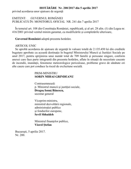 HOTĂRÂRE Nr. 200/2017 Din 5 Aprilie 2017 Privind Acordarea Unor Ajutoare De Urgenţă