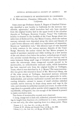 603 a NEW OCCURRENCE of MONTROYDITE in CALIFORNIA C. D. Woolhouse, Champion Silti'manite, Inc., Laws, Inyo Co., Calif Ornia