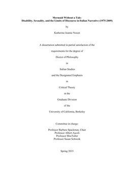 Mermaid Without a Tale: Disability, Sexuality, and the Limits of Discourse in Italian Narrative (1975-2009)