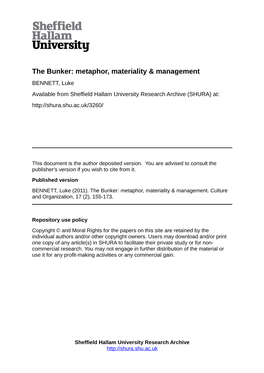 The Bunker: Metaphor, Materiality & Management