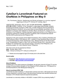 Cytodyn's Leronlimab Featured on Onenews in Philippines on May 9