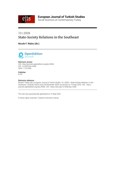 European Journal of Turkish Studies, 10 | 2009, « State-Society Relations in the Southeast » [Online], Online Since 29 December 2009, Connection on 10 May 2020