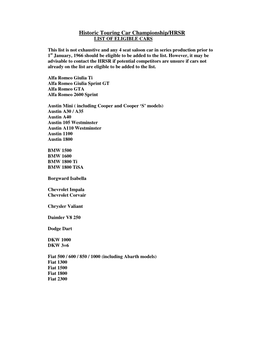 Historic Touring Car Championship/HRSR LIST of ELIGIBLE CARS