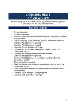 LICENSING NEWS 17Th January 2014