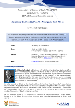 The Academy of Science of South Africa (Assaf) Cordially Invites You to the 2017 Assaf Annual Humanities Lecture