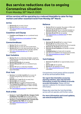 Bus Services Will Be Operating to a Reduced Timetable to Cater for Key Workers and Other Essential Travel from Monday 30Th March