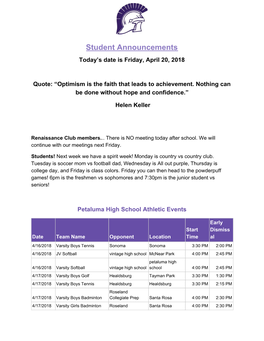 Student Announcements Today’S Date Is Friday, April 20, 2018