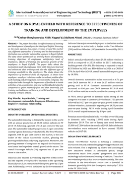 A Study on Royal Enfield with Reference to Effectiveness of Training and Development of the Employees