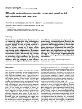 Differential Cytokeratin Gene Expression Reveals Early Dorsal-Ventral Regionalization in Chick Mesoderm