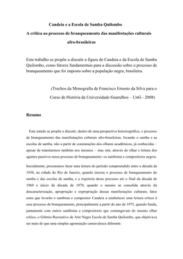 Candeia E a Escola De Samba Quilombo a Crítica Ao Processo De Branqueamento Das Manifestações Culturais Afro-Brasileiras