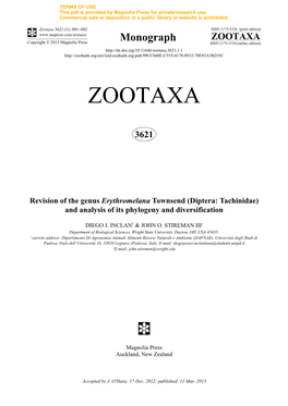 Revision of the Genus Erythromelana Townsend (Diptera: Tachinidae) and Analysis of Its Phylogeny and Diversification