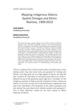 Mapping Indigenous Siberia: Spatial Changes and Ethnic Realities, 1900-2010
