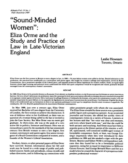 "Sound-Minded Women": Eliza Orme and the Study and Practice of Law in Late-Victorian England Leslie Howsam Toronto, Ontario