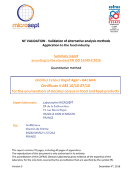 Bacillus Cereus Rapid Agar ‐ BACARA Certificate # AES 10/10‐07/10 for the Enumeration of Bacillus Cereus in Food and Feed Products