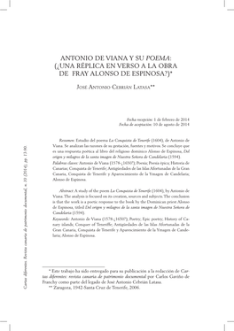 Antonio De Viana Y Su Poema: (¿Una Réplica En Verso a La Obra De Fray Alonso De Espinosa?)*