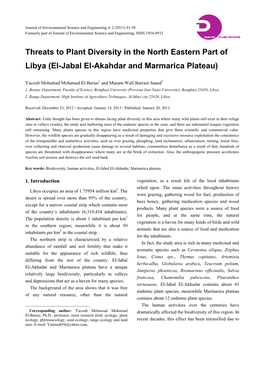 Threats to Plant Diversity in the North Eastern Part of Libya (El-Jabal El-Akahdar and Marmarica Plateau)