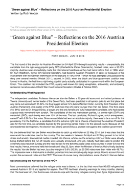 Reflections on the 2016 Austrian Presidential Election Written by Ruth Wodak