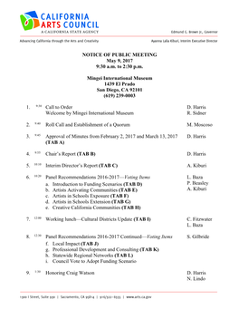 NOTICE of PUBLIC MEETING May 9, 2017 9:30 Am to 2:30 Pm Mingei