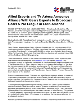 Allied Esports and TV Azteca Announce Alliance with Gears Esports to Broadcast Gears 5 Pro League in Latin America