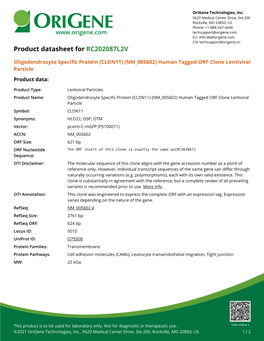 Oligodendrocyte Specific Protein (CLDN11) (NM 005602) Human Tagged ORF Clone Lentiviral Particle Product Data