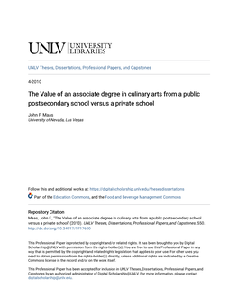 The Value of an Associate Degree in Culinary Arts from a Public Postsecondary School Versus a Private School