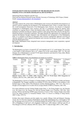 Integrated Water Management of the Brahmaputra Basin: Perspectives and Hope for Regional Development