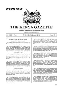 THE KENYA GAZETTE Published by Authority of the Republic of Kenya (Registered As a Newspaper at the G.P.O.)