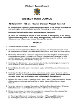 Agenda Wisbech Town Council Meeting 16 March 2020