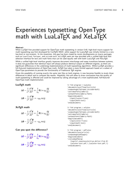 Experiences Typesetting Opentype Math with Lualatex and Xelatex