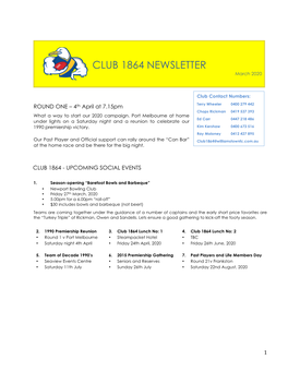 CLUB 1864 NEWSLETTER March 2020