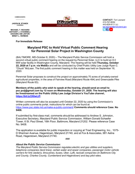 Maryland PSC to Hold Virtual Public Comment Hearing for Perennial Solar Project in Washington County