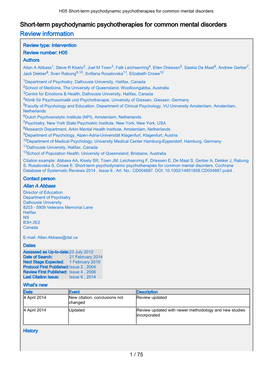 H05 Short-Term Psychodynamic Psychotherapies for Common Mental Disorders