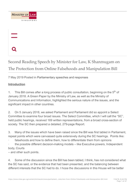 Second Reading Speech by Minister for Law, K Shanmugam on the Protection from Online Falsehoods and Manipulation Bill