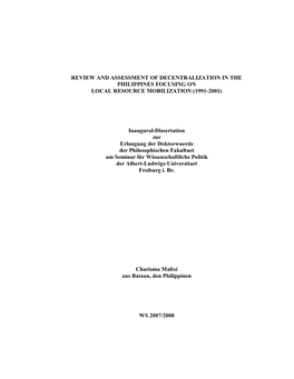 Review and Assessment of Decentralization in the Philippines Focusing on Local Resource Mobilization (1991-2001)