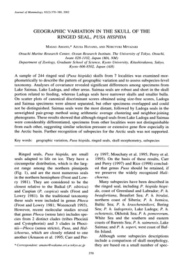 Geographic Variation in the Skull of the Ringed Seal, Pusa Hispida