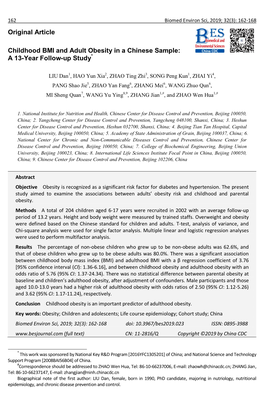 Original Article Childhood BMI and Adult Obesity in a Chinese Sample: a 13-Year Follow-Up Study
