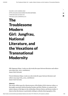 The Troublesome Modern Girl: Jungfrau, National Literature, and the Vexations of Transnational Modernity