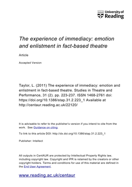 The Experience of Immediacy: Emotion and Enlistment in Fact-Based Theatre
