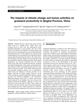 The Impacts of Climate Change and Human Activities on Grassland Productivity in Qinghai Province, China