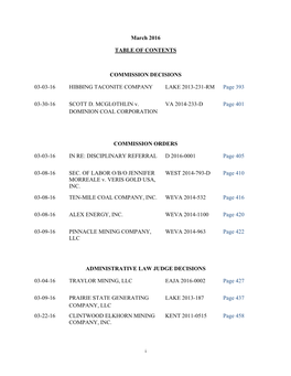 March 2016 TABLE of CONTENTS COMMISSION DECISIONS 03-03-16 HIBBING TACONITE COMPANY LAKE 2013-231-RM Page 393 03-30-16 SCOTT D