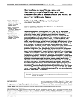 Thermotoga Petrophila Sp. Nov. and Thermotoga Naphthophila Sp. Nov., Two Hyperthermophilic Bacteria from the Kubiki Oil Reservoir in Niigata, Japan