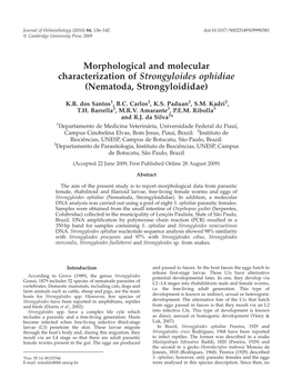 Morphological and Molecular Characterization of Strongyloides Ophidiae (Nematoda, Strongyloididae)