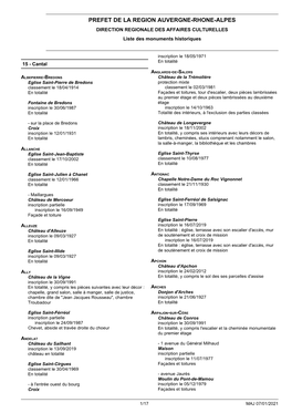 PREFET DE LA REGION AUVERGNE-RHONE-ALPES DIRECTION REGIONALE DES AFFAIRES CULTURELLES Liste Des Monuments Historiques