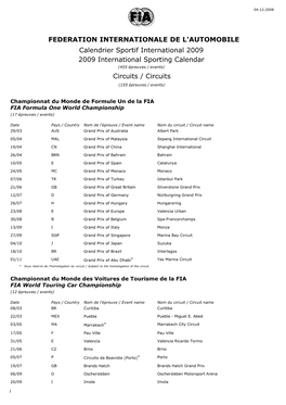 FEDERATION INTERNATIONALE DE L'automobile Calendrier Sportif