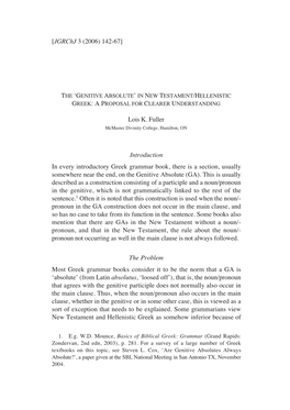 Genitive Absolute’ in New Testament/Hellenistic Greek: a Proposal for Clearer Understanding