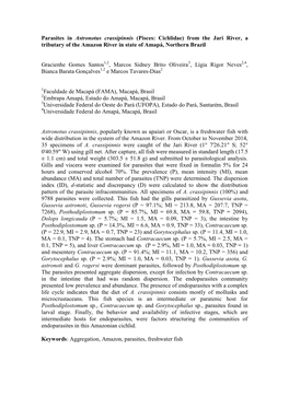 Parasites in Astronotus Crassipinnis (Pisces: Cichlidae) from the Jari River, a Tributary of the Amazon River in State of Amapá, Northern Brazil