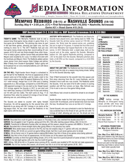 Edia Informationmedia Relations Department 198 Union Avenue | Memphis, Tennessee 38103 | Phone: 901.722.0293 | | @Memphisredbirds