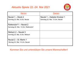 Aktuelle Spiele 22.-24. Mai 2021