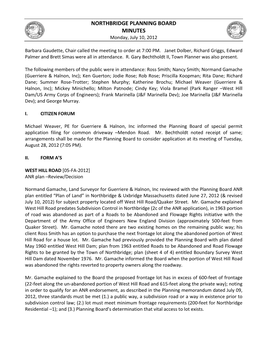 NORTHBRIDGE PLANNING BOARD MINUTES Monday, July 10, 2012